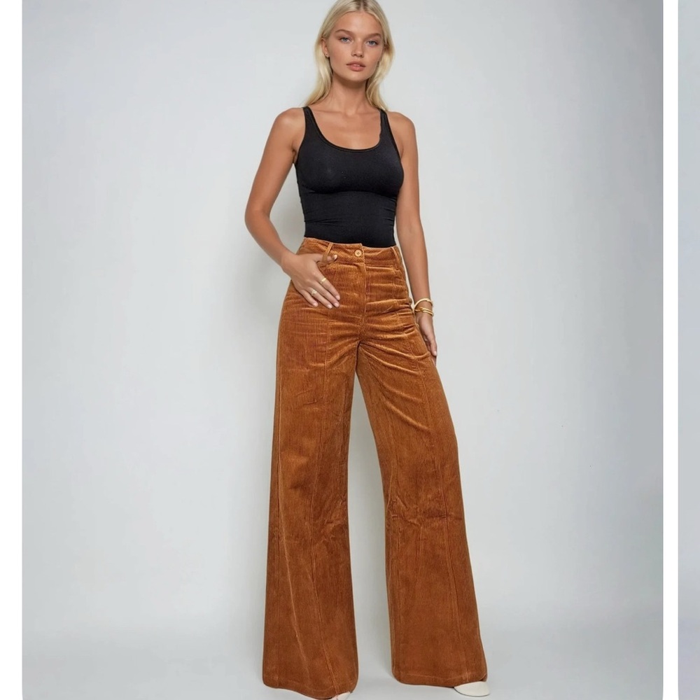 Women's Unique Vintage Camel Wide-Leg Corduroy Pants